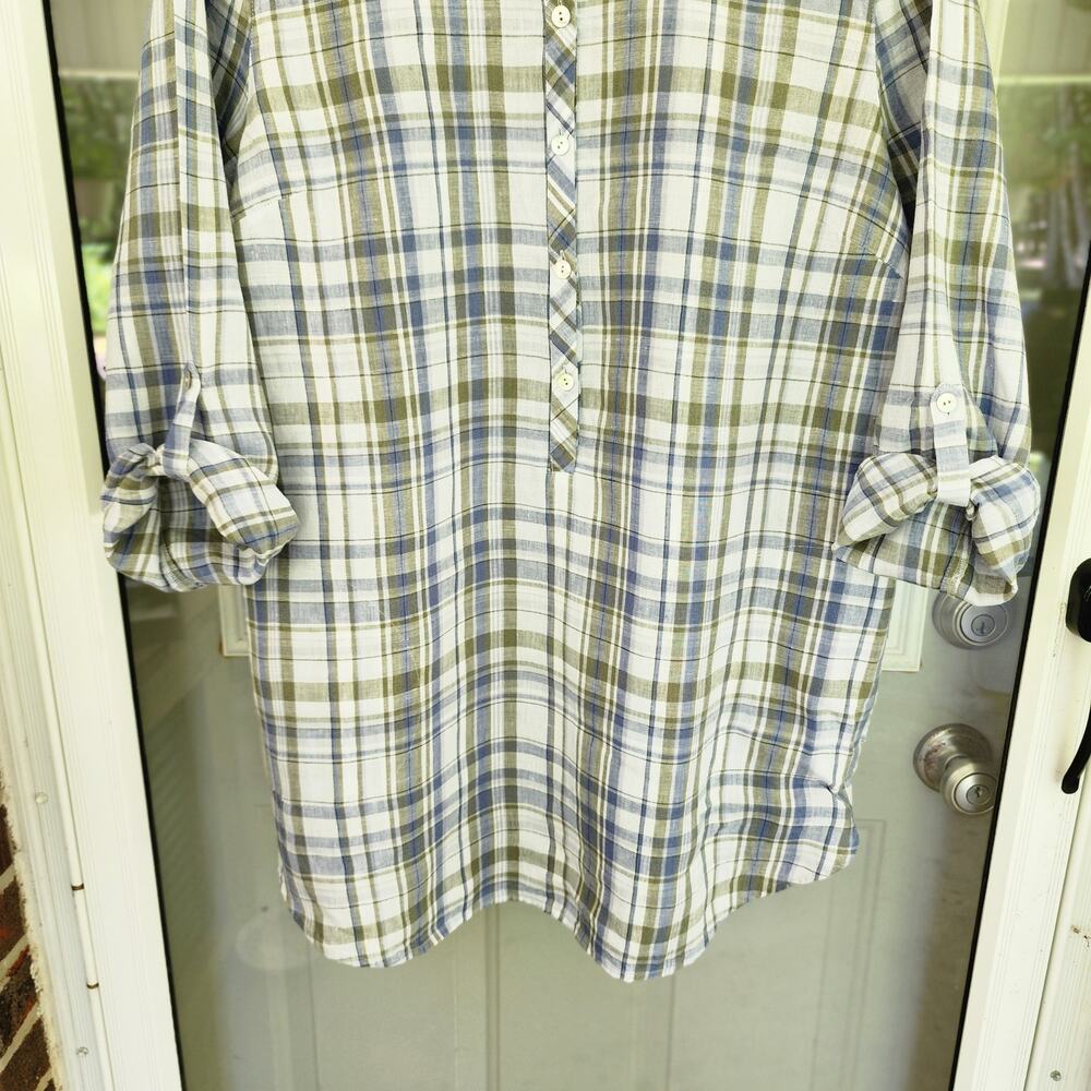 J.Jill Love Linen Size Large Blue Plaid Button Front Long Sleeve Shirt Pockets - Picture 10 of 12